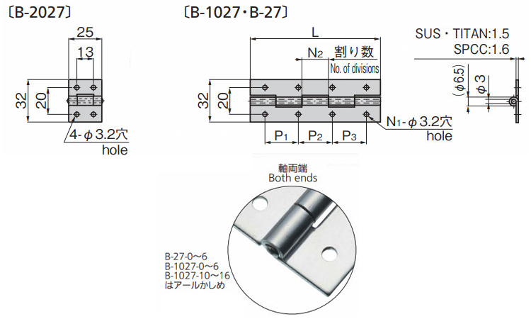 規格型平蝶番(Bー2027、Bー1027、Bー27)