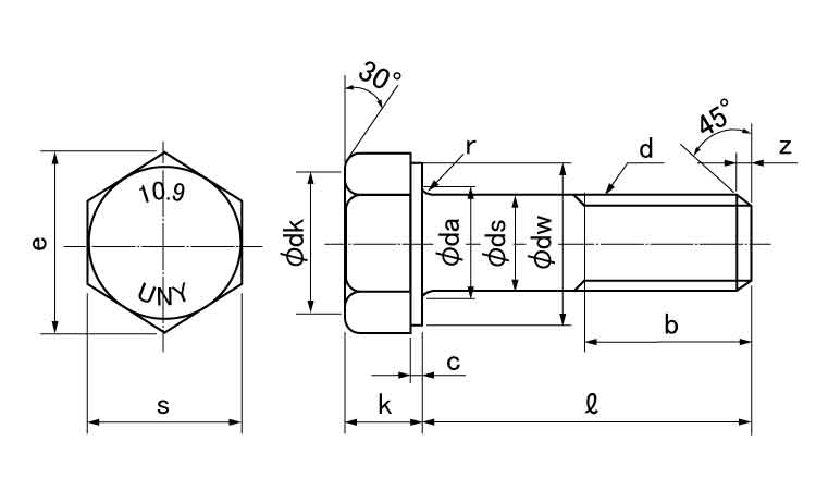 10.9 六角ボルト(座付UNY(並目 16.0 10.0